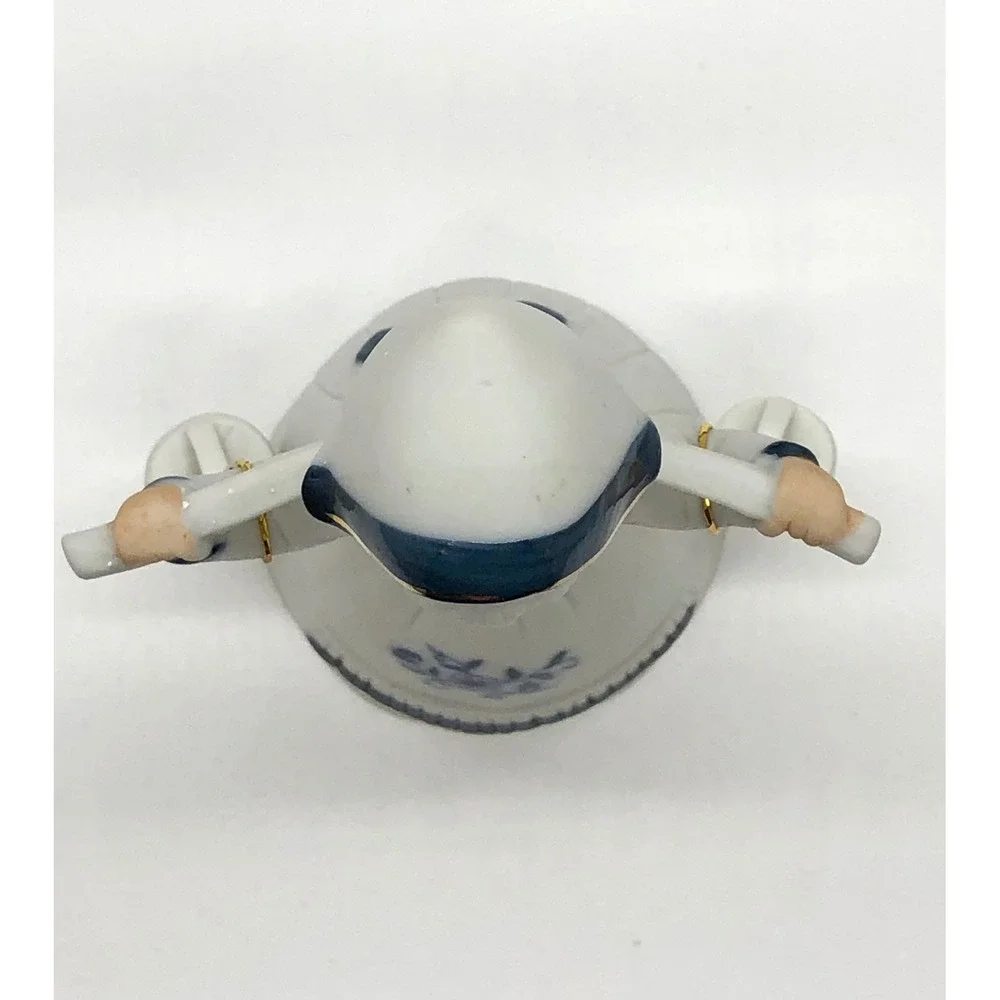 Vintage Dutch Girl Porcelain Bell Figurine Blue White Gold Gilt Water Carrier